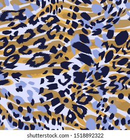 Abstract artisitc seamless pattern with sophisticated camouflage texture. Animal skin leopard spots fur with zebra stripes skin background. Trendy stripes animal pattern. Good for fabric and textile. 