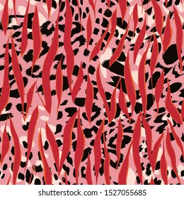 Abstract artisitc seamless pattern with sophisticated camouflage texture. Animal skin leopard spots fur with zebra stripes skin background. Trendy stripes animal pattern. Good for fabric and textile. 
