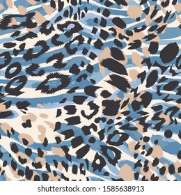 Abstract artisitc seamless pattern with sophisticated camouflage texture. Animal skin leopard spots fur with zebra stripes skin background. Trendy stripes animal pattern. Good for fabric and textile. 