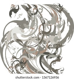 Abstract artistic background with color transitions from gray to brown using decorative elements in the style of hatching lines, dashes, curlicues