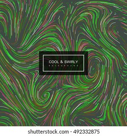 Abstract artistic background with curled iridescent pattern. Vector vintage illustration of curled vortex lines. Marble or acrylic texture imitation. Abstract diffusion psychedelic background