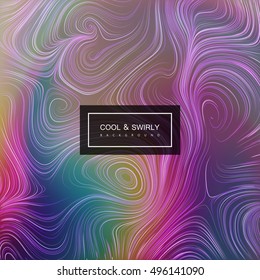 Abstract artistic background with curled iridescent pattern. Vector vintage illustration of swirly lines pattern. Applicable for poster, cover, banner, package design. Abstract diffusion background