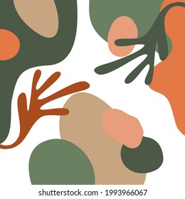 abstract artistic background with different shapes and floral foliage and plants elements in earthy color palette, vector illustration graphic