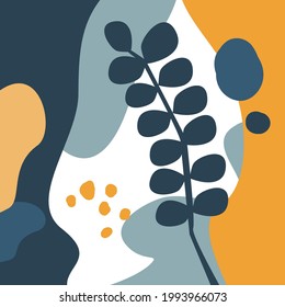 abstract artistic background with different shapes and floral foliage and plants elements in earthy color palette, vector illustration graphic