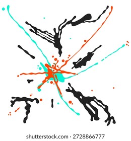 Abstract artistic background featuring a vibrant explosion of orange and turquoise ink splashes against a white background. This energetic vector grunge chaos design includes black drops and liquid textures. Perfect for use as a modern design element, music album cover, poster background, or streetwear print. Hand-drawn style with clean vector lines.