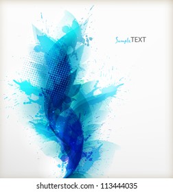 Abstract artistic Background  with floral element and blue  blots. Vector design.ink splattered background