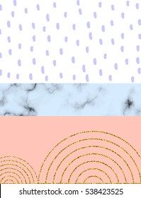 Abstract artistic background with hand drawn elements, gold circles and marble stripe texture. 
