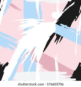 Abstract artistic background with hand drawn brush strokes in trendy Memphis color palette. Repeating irregular texture, perfect for fabrics, decoration and wallpapers. Vector seamless pattern.