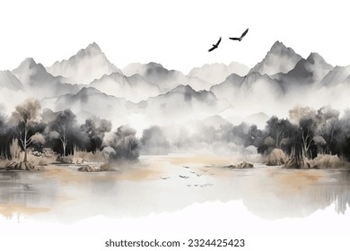 Abstract artistic background. Hand-painted, Chinese style, artistic conception landscape painting, golden texture. Ink landscape painting. modern Art. Prints, wallpapers, posters, murals, carpets