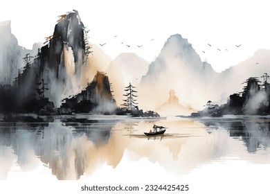 Abstract artistic background. Hand-painted, Chinese style, artistic conception landscape painting, golden texture. Ink landscape painting. modern Art. Prints, wallpapers, posters, murals, carpets