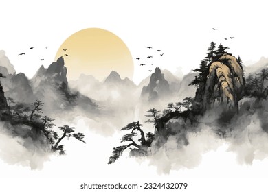 Abstract artistic background. Hand-painted, Chinese style, artistic conception landscape painting, golden texture. Ink landscape painting. modern Art. Prints, wallpapers, posters, murals, carpets