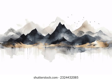 Abstract artistic background. Hand-painted, Chinese style, artistic conception landscape painting, golden texture. Ink landscape painting. modern Art. Prints, wallpapers, posters, murals, carpets