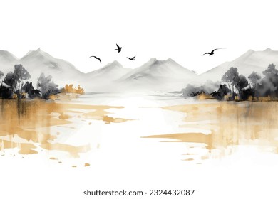 Abstract artistic background. Hand-painted, Chinese style, artistic conception landscape painting, golden texture. Ink landscape painting. modern Art. Prints, wallpapers, posters, murals, carpets