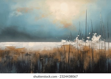 Abstract artistic background. Hand-painted, Chinese style, artistic conception landscape painting, golden texture. Ink landscape painting. modern Art. Prints, wallpapers, posters, murals, carpets