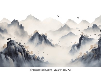 Abstract artistic background. Hand-painted, Chinese style, artistic conception landscape painting, golden texture. Ink landscape painting. modern Art. Prints, wallpapers, posters, murals, carpets