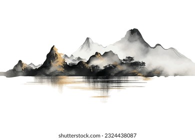 Abstract artistic background. Hand-painted, Chinese style, artistic conception landscape painting, golden texture. Ink landscape painting. modern Art. Prints, wallpapers, posters, murals, carpets