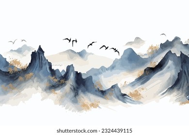 Abstract artistic background. Hand-painted, Chinese style, artistic conception landscape painting, golden texture. Ink landscape painting. modern Art. Prints, wallpapers, posters, murals, carpets