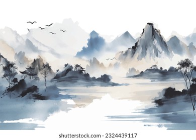 Abstract artistic background. Hand-painted, Chinese style, artistic conception landscape painting, golden texture. Ink landscape painting. modern Art. Prints, wallpapers, posters, murals, carpets