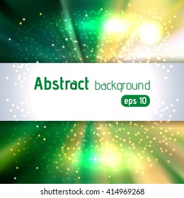 Abstract artistic background with place for text. Color rays of light. Original sparkle design. Green, yellow colors. 