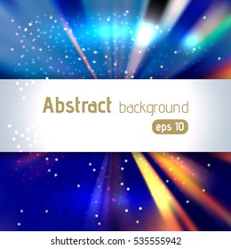 Abstract artistic background with place for text. Color rays of light. Original sparkle design. Blue, orange colors. 