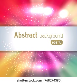 Abstract artistic background with place for text. Color rays of light. Original sparkle design. Pink, red, yellow, green colors.