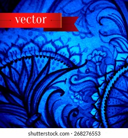 Abstract artistic background. Vector art in eastern style. Blue ornate background. Ornamental pattern for wedding invitations. Blue and white decor for cards design. Vector illustration.