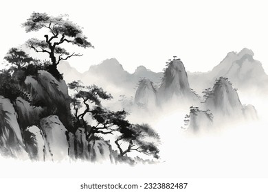 Abstract artistic background. Vector landscape painting, Chinese style, mood landscape painting, golden texture. Ink landscape painting. modern Art. Prints, wallpapers, posters, murals, carpets