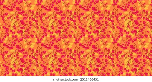 Abstract artistic berries on a branches leaves  seamless pattern. Stylized juniper, boxwood, viburnum, dogwood barberry print. Autumn botanical illustration on a orange background. 