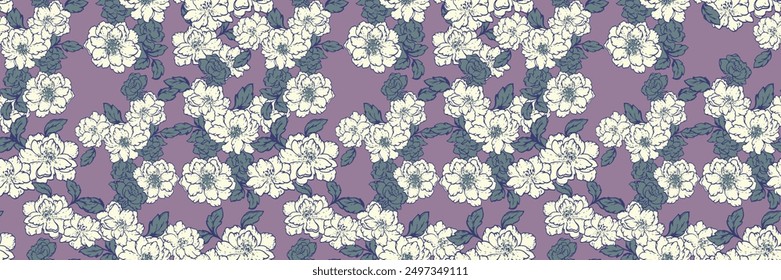 Abstractas patrón artístico de pradera floreciente sobre un fondo púrpura. Dibujo a mano de Vector. Flores silvestres estilizadas con estampado de hojas sin costuras. Ornamento para diseños, tela, moda, textiles