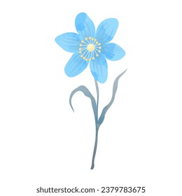 Resumen artístico elemento botánico en forma de flor azul con acuarela y textura, con estambres amarillos. Ilustración vectorial abstracta sobre fondo blanco para invitación, decoración de bodas,	