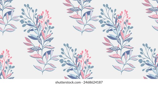 Abstract artistic bouquet with branches floral leaves, leaf stems seamless pattern. Pastel creative plants printing on a light background. Vector hand drawing. Template for designs, textile, fashion