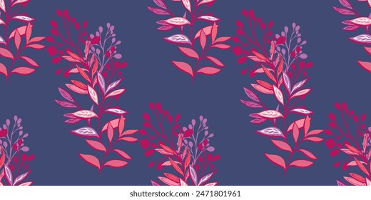 Abstract artistic bouquet with branches, large leaves, leaf stems seamless pattern. Saturated creative tropical floral plants printing. Vector hand drawing. Template for designs, textile, fashion