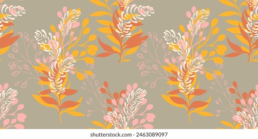 Abstract artistic bouquet with branches, leaves, unique forms seamless pattern. Vector hand drawing illustration. Pastel olive printing with creative shapes leaf stems. Template for designs