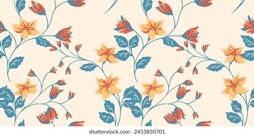 Abstract artistic branches with ditsy flowers, tiny leaves, buds bells seamless pattern. Colorful blossoms wild floral stems printing on a light background. Template for designs