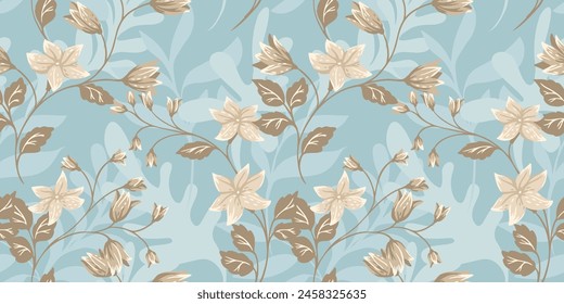 Abstract artistic branches with flowers, bells, tiny leaves, shapes intertwined in a seamless pattern on a blue background. Vector hand drawn. Creative stylized wild floral stems pastel printing.