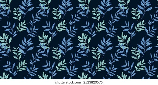 Abstract artistic branches leaves seamless pattern on a dark background. Stylized leaf stems print. Vector drawing illustration. Nature ornament for textiles, fabric, wallpaper