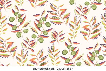 Abstract artistic branches with olive berries, shapes leaves seamless pattern on a light background. Colorful printing with creative tropical plants. Vector hand drawing sketch. Template for designs