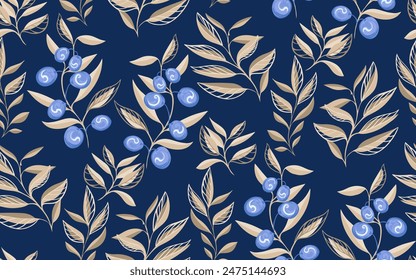 Abstract artistic branches with olive berries, shapes leaves seamless pattern on a dark background.  Creative beige leaf stems printing. Vector hand drawing sketch. Template for designs, textile