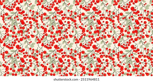 Abstract artistic branches with red berries and leaves intertwined in a colorful seamless pattern. Stylized juniper, boxwood, viburnum, dogwood barberry print. Colorful botanicals illustration. 