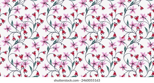 Abstract artistic branches tiny bells flowers and small leaves intertwined in a seamless pattern. Creative simple floral stems on a white background. Vector hand drawn. Template for designs