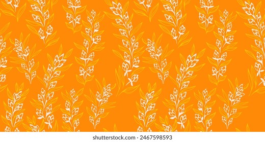 Abstract, artistic branches with tiny buds flowers and small leaves intertwined in a seamless pattern. Saturated yellow summer printing with creative floral stems. Vector hand drawing sketch. 