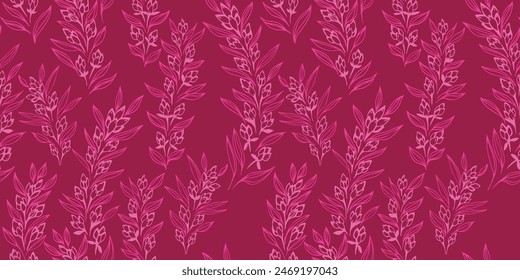 Abstract, artistic branches with tiny buds flowers and small leaves intertwined in a seamless pattern. Monotone burgundy printing with creative floral stems. Vector hand drawing sketch.