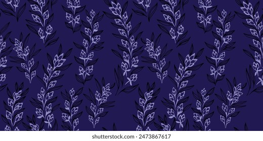 Abstract, artistic branches with tiny flowers, buds and small leaves intertwined in a seamless pattern. Dark blue printing with creative unique wild floral stems. Vector hand drawing sketch