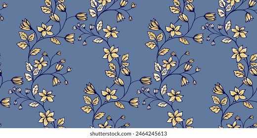 Abstractas ramas artísticas con flores silvestres, pequeñas campanas, hojas Pequeñas patrón sin fisuras sobre un fondo azul. Subgrupos florales suavemente amarillos creativos entrelazados en una impresión de verano. Vector dibujado a mano. 