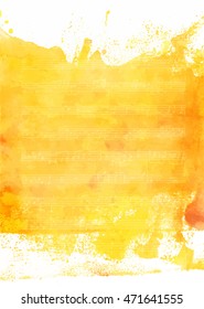 An abstract artistic bright yellow watercolor background texture with faded sheet music; golden paint on white paper with notes; scalable vector graphic