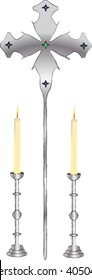 Abstract artistic clipart illustration of a processional cross with the candles on tall candle holders.
