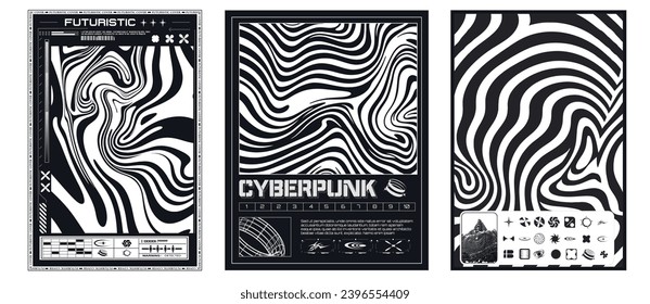 Abstract Artistic Collection: Futuristic and Cyberpunk Themed Black and White Graphic Posters. Techno style, psychedelic design, prints for t-shirts and sweatshirts. Vector illustration