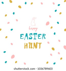 Abstract artistic cute Happy Easter Banner with holiday bunny and eggs colorful cartoon pattern background. Funny festive greeting card, web banner or header. Vector illustration