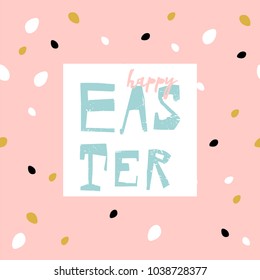 Abstract artistic cute Happy Easter Banner with holiday bunny and eggs colorful cartoon pattern background. Funny festive greeting card, web banner or header. Vector illustration