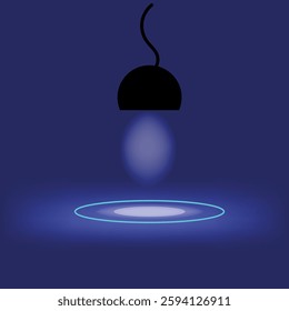 Abstract artistic depiction of a black lamp illuminating a blue circle in a minimalist setting, exuding a modern and contemplative feeling